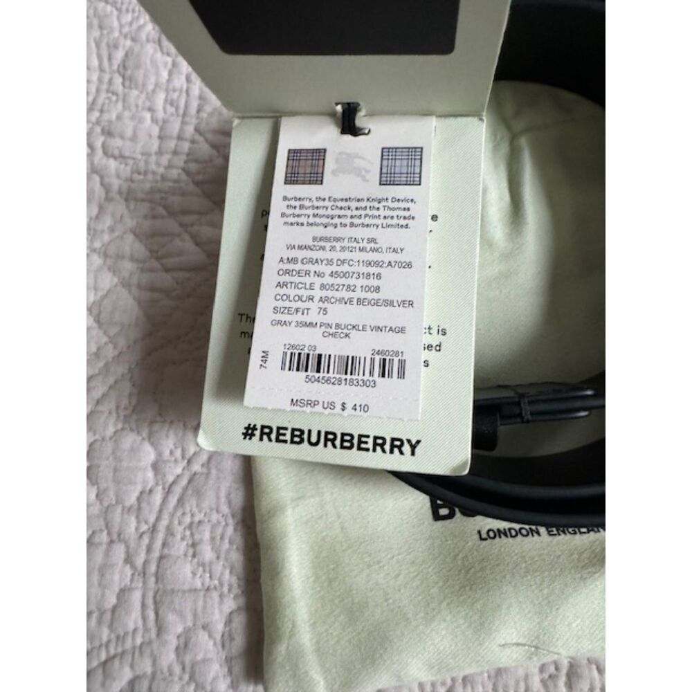 NWT Burberry Vintage Check Leather belt, Size US 75. - Picture 2 of 10
